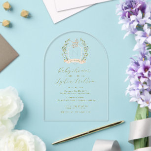 Invitations En Acrylique Berceau Monogramme de Crête Fête de Bébé Bleue