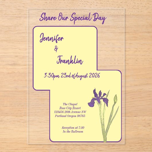 Invitations En Acrylique Beurre Jaune & Purple Iris Mariage d'aquarelle (Recto)