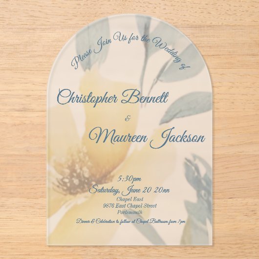 Invitations En Acrylique Beurre pâle Aquarelle jaune Mariage floral (Recto)