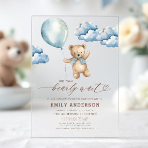 Invitations En Acrylique Bientôt un ours en beige et bleu pour un garçon -