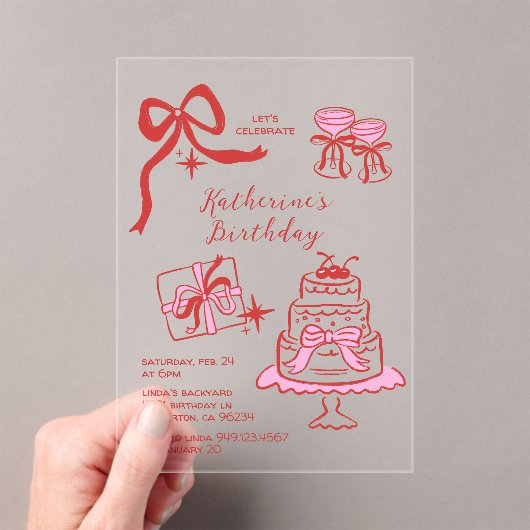 Invitations En Acrylique Birthday Party Hand Drawn Red Pink Scribble (In situ (ordinateur de poche))
