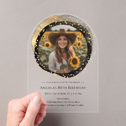 Invitations En Acrylique Black and Gold 80th Birthday Photo (In situ (ordinateur de poche))