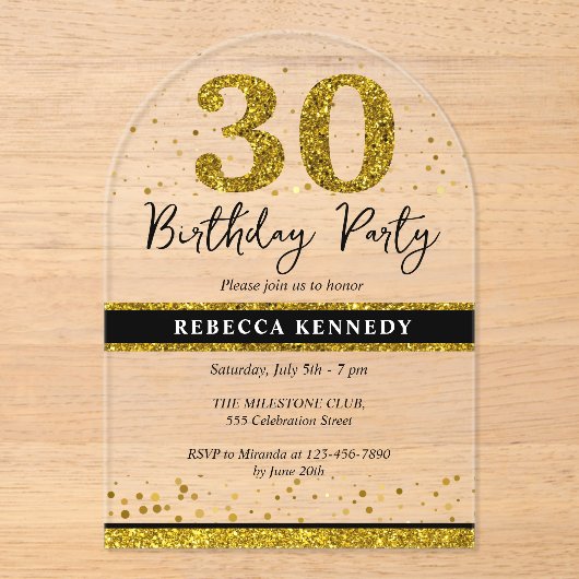 Invitations En Acrylique Black And Gold Parties scintillant 30e fête d'anni (Recto)
