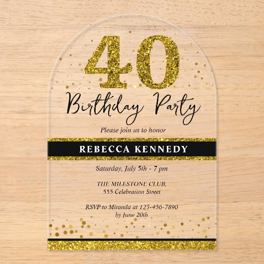 Invitations En Acrylique Black And Gold Parties scintillant 40e fête d'anni (Recto)
