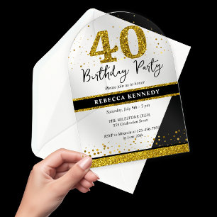 Invitations En Acrylique Black And Gold Parties scintillant 40e fête d'anni