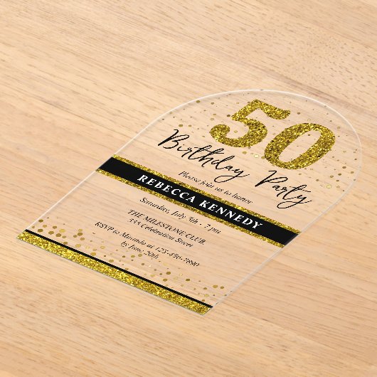 Invitations En Acrylique Black And Gold Parties scintillant 50e fête d'anni (Poser)