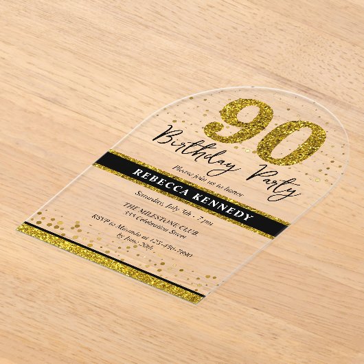 Invitations En Acrylique Black And Gold Parties scintillant 90e fête d'anni (Poser)
