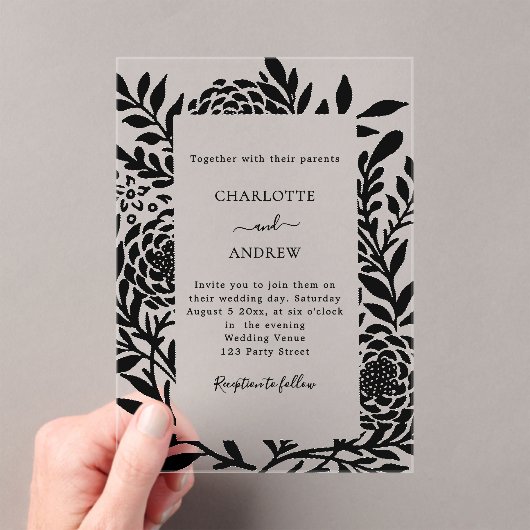 Invitations En Acrylique Black botanical modern clear luxury wedding (In situ (ordinateur de poche))