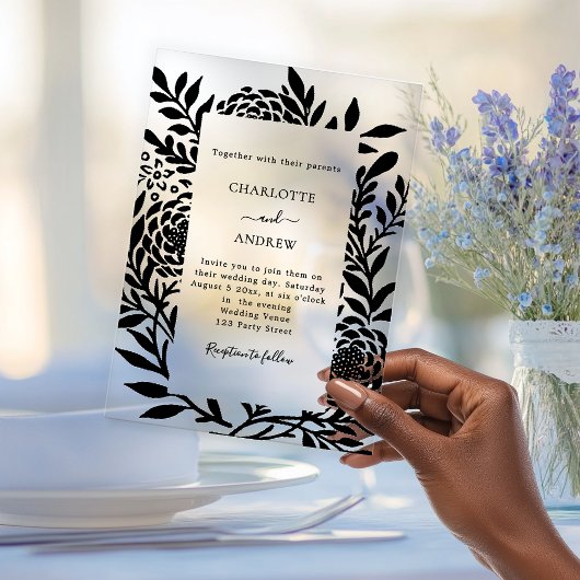 Invitations En Acrylique Black botanical modern clear luxury wedding