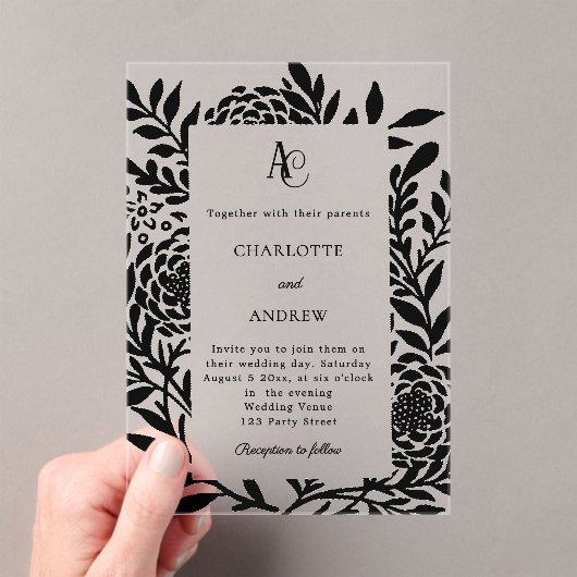 Invitations En Acrylique Black botanical modern monogram luxury wedding (In situ (ordinateur de poche))