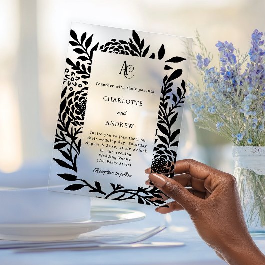 Invitations En Acrylique Black botanical modern monogram luxury wedding
