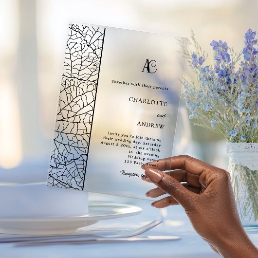 Invitations En Acrylique Black botanical monogram clear luxxury wedding