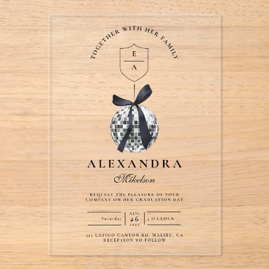 Invitations En Acrylique Black Bow Disco Ball Party (Recto)