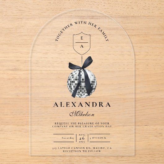 Invitations En Acrylique Black Bow Disco Ball Party (Recto)