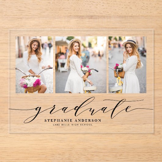 Invitations En Acrylique Black Dainty Script Trois Diplôme Photo (Recto)