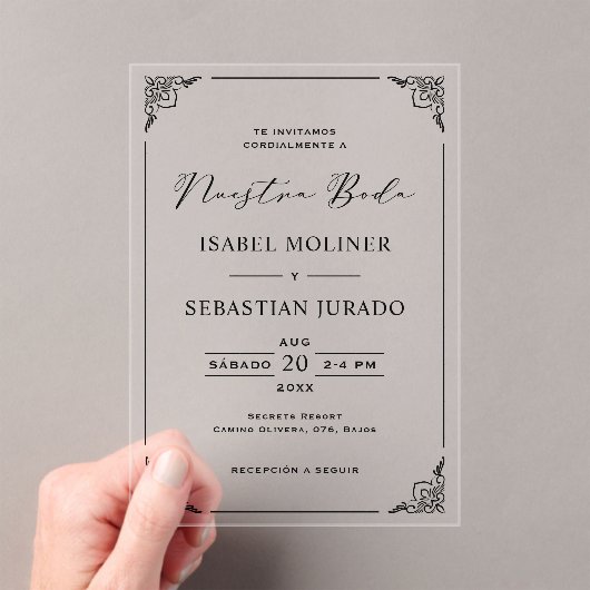 Invitations En Acrylique Black Frame Motif Nuestra Boda Mariage espagnol (In situ (ordinateur de poche))