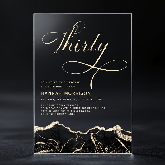 Invitations En Acrylique Black Gold Agate 30e fête de trente ans