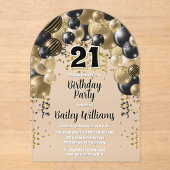 Invitations En Acrylique Black Gold Balloons 21e fête d'anniversaire (Recto)