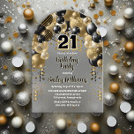 Invitations En Acrylique Black Gold Balloons 21e fête d'anniversaire<br><div class="desc">Célébrez en style avec cette invitation vibrante et captivante à la fête du 21e anniversaire, avec un magnifique design en cascade d'arc de ballon dans les tons noir et or, et accentué de blanc. Le "21" audacieux du centre apporte une touche ludique mais chic, donnant le ton d'une fête mémorable....</div>