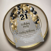 Invitations En Acrylique Black Gold Balloons 21e fête d'anniversaire