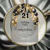 Invitations En Acrylique Black Gold Balloons 21e fête d'anniversaire