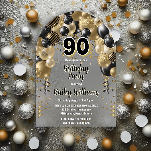 Invitations En Acrylique Black Gold Balloons 90e fête d'anniversaire