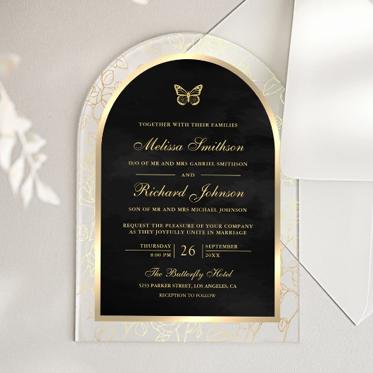 Invitations En Acrylique Black Gold Line Art Arch Butterfly Wedding