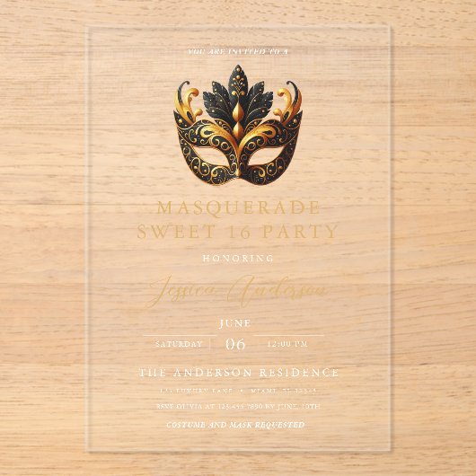 Invitations En Acrylique Black Gold Masquerade Sweet 16 Birthday Party (Recto)