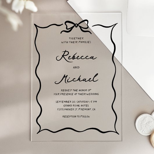 Invitations En Acrylique Black Hand Drawn Coquette Bow Wedding