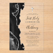 Invitations En Acrylique Black Silver Agate Première communion sainte (Recto)