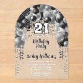 Invitations En Acrylique Black Silver Balloons 21ème anniversaire (Recto)