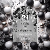 Invitations En Acrylique Black Silver Balloons 21ème anniversaire