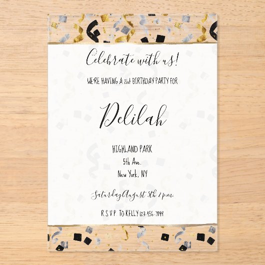 Invitations En Acrylique Black Silver Gold Glam Confetti Birthday (Recto)