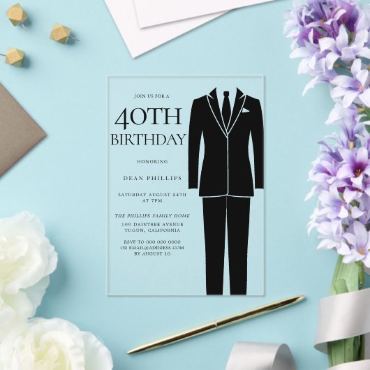 Invitations En Acrylique Black Suit & Cravate Mens 40e fête d'anniversaire (Insitu (Mariage))