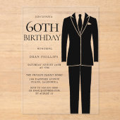 Invitations En Acrylique Black Suit & Cravate Mens 60e fête d'anniversaire (Recto)