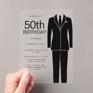 Invitations En Acrylique Black Suit Sophisticated Hommes 50e fête d'anniver