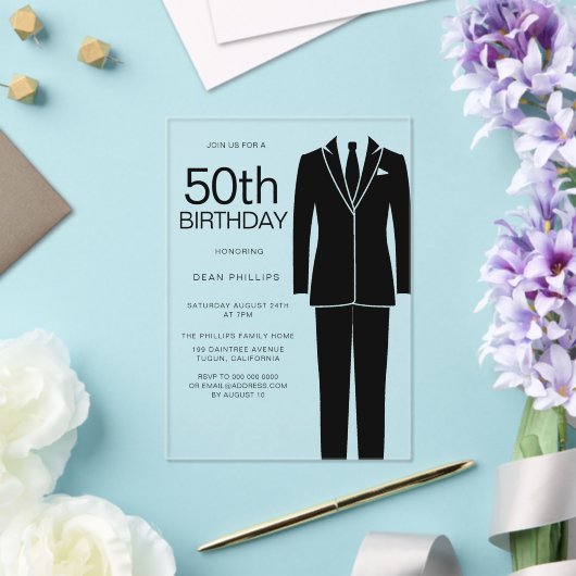 Invitations En Acrylique Black Suit Sophisticated Hommes 50e fête d'anniver (Insitu (Mariage))
