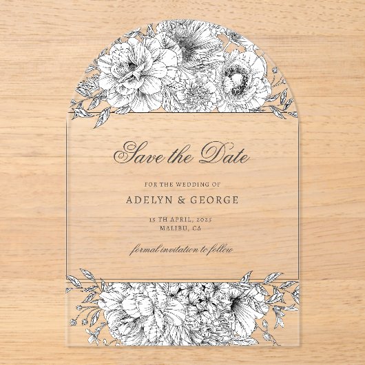 Invitations En Acrylique Black White Elegant Floral Enregistrer la date (Recto)