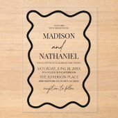 Invitations En Acrylique Black White Elegant Wavy Border Wedding (Recto)