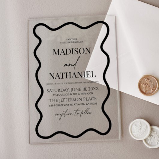 Invitations En Acrylique Black White Elegant Wavy Border Wedding