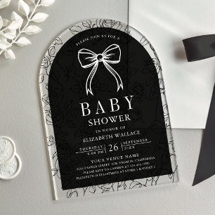 Invitations En Acrylique Black White Line Art Coquette Bow Baby shower