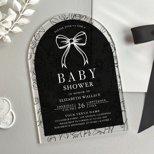 Invitations En Acrylique Black White Line Art Coquette Bow Baby shower