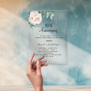 Invitations En Acrylique Blanc floral 10e anniversaire de mariage givré