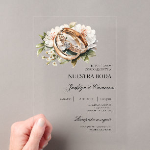 Invitations En Acrylique Blanc Floral avec alliance Mariage Espagnol