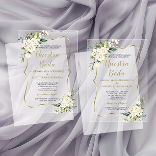 Invitations En Acrylique Blanc Floral Or espagnol Nuestra Boda Calligraphie