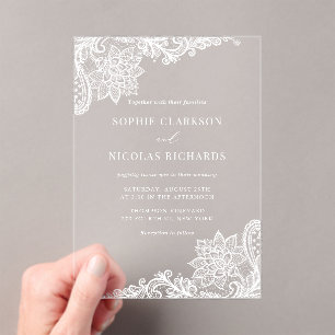 Invitations En Acrylique Blanc Ornate Antique Lace Élégant Mariage