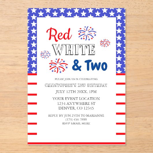 Invitations En Acrylique Blanc rouge et deux 2e anniversaire (Recto)