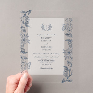 Invitations En Acrylique Blason de monogramme Élégant mariage bleu français