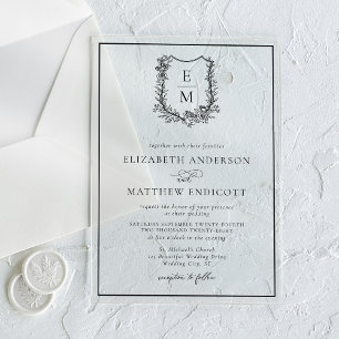 Invitations En Acrylique Blason de monogramme floral élégant pour mariage