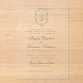 Invitations En Acrylique Blason de monogramme vert sauge botanique de maria (Recto)